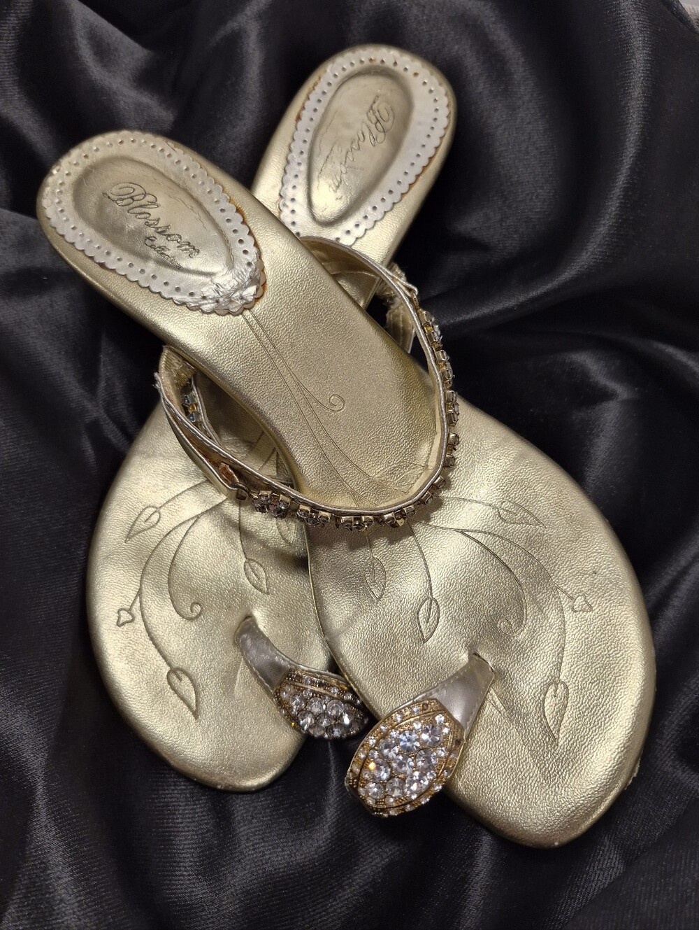 Blossom Collection Gold Y2K Rhinestone Heeled Sandals Sz 7.5 Glam Slip On Shoes